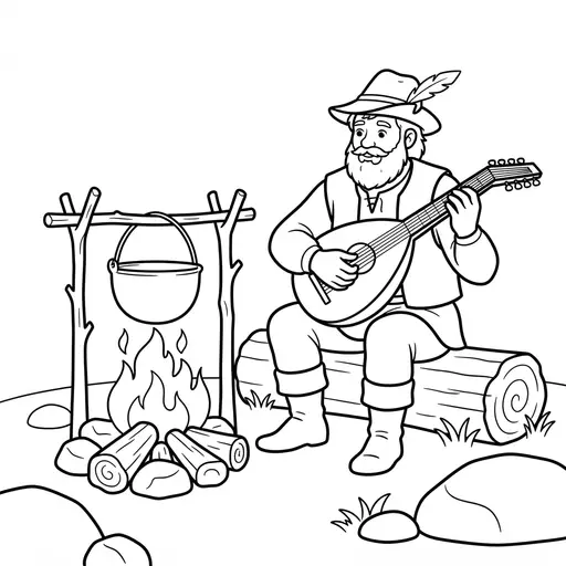 Mountain Man Coloring Page — Playing a Lute by a Campfire