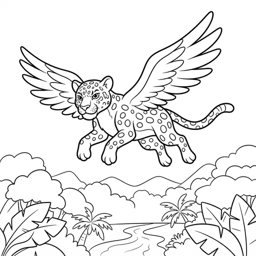 Mythical Creature Coloring Page — Flying With Wings Over Jungle