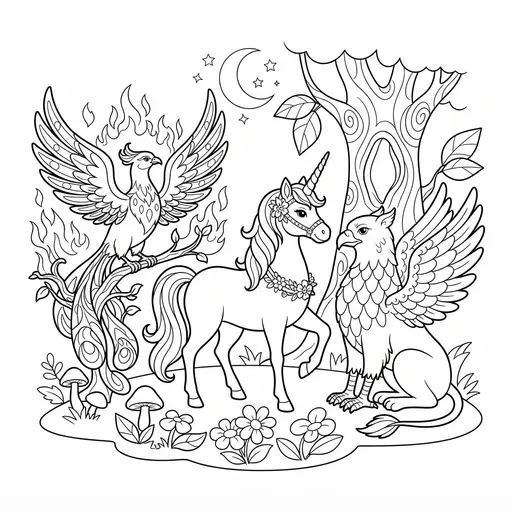 Mythical Creature Coloring Page for Adults — With Phoenix And Griffin