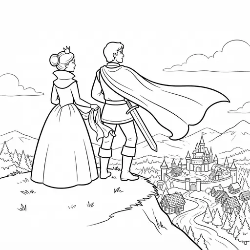Princess Coloring Page for Adults — Prince and Princess Looking at Kingdom