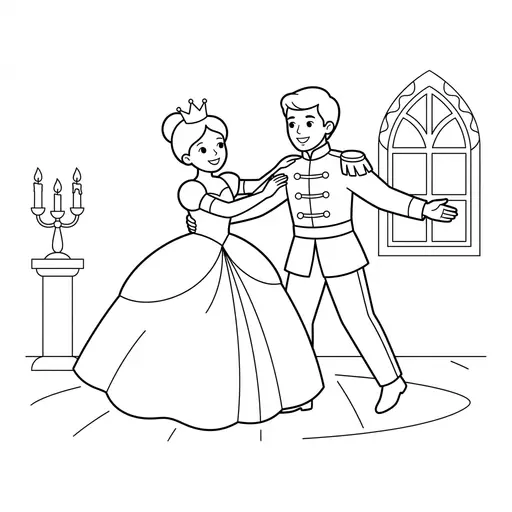 Princess Coloring Page — Dancing with a Prince in a Ballroom