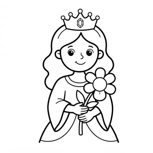 Easy Princess Coloring Page — Wearing a Crown and Holding a Flower