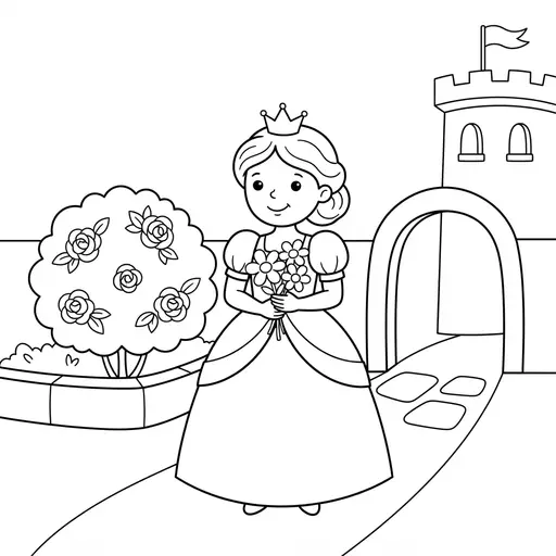 Princess Coloring Page — Holding Flowers Outside a Castle