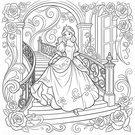 Princess Coloring Page for Adults — In a Grand Ballgown on a Palace Staircase