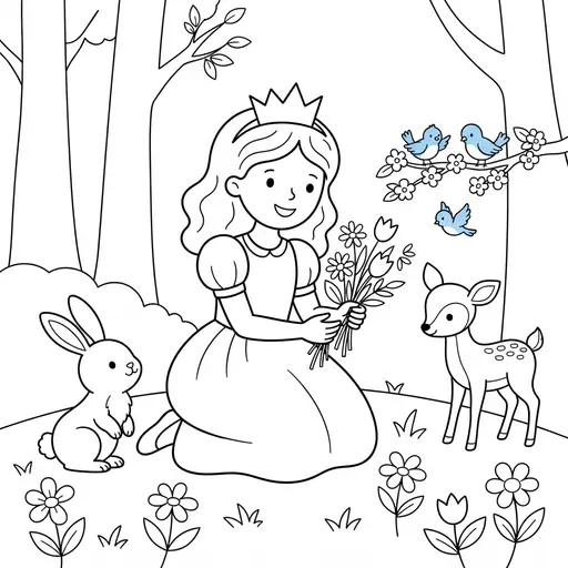 Princess Coloring Page — Picking Flowers with Forest Animals