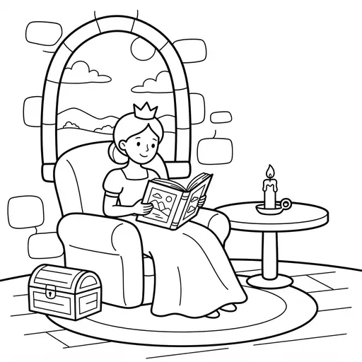 Princess Coloring Page — Reading a Book in a Tower