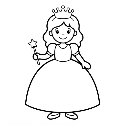Easy Princess Coloring Page — Wearing a Crown and Holding a Wand