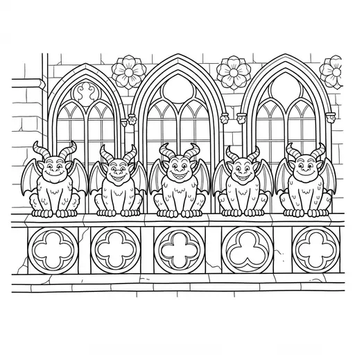 Gargoyle Coloring Page for Adults — Row of Friendly Gargoyles on a Ledge