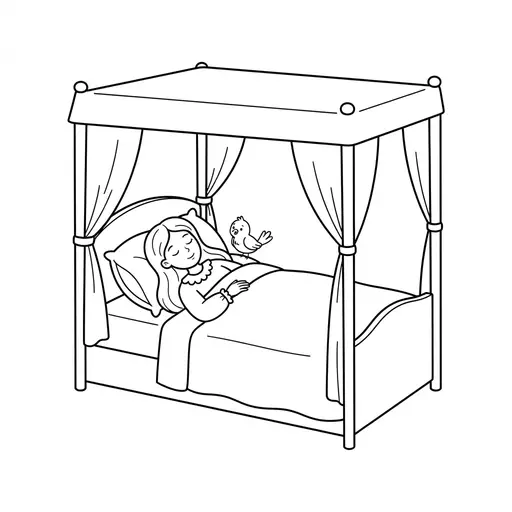 Princess Coloring Page — Sleeping in a Canopy Bed