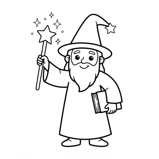 Easy Wizard Coloring Page — Holding a Magic Wand and Book