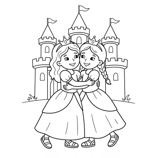 Princess Coloring Page — Two Sisters Hugging in Front of Castle