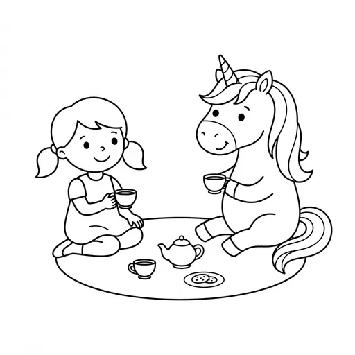 Unicorn Coloring Page — Having a Tea Party