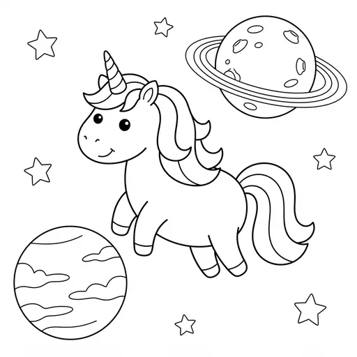 Unicorn Coloring Page — Floating in Space with Planets