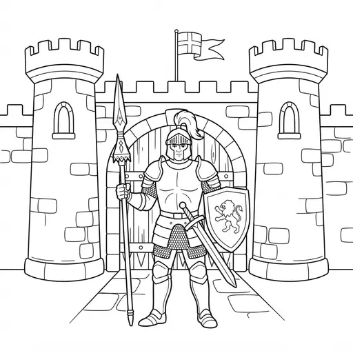 Warrior Coloring Page — Guarding Castle Gate With Spear