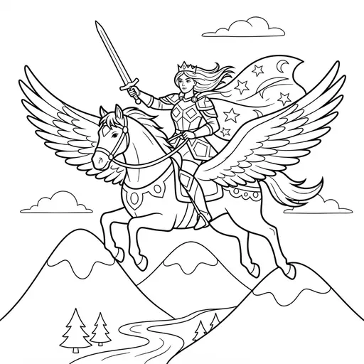 Warrior Coloring Page for Adults — Warrior Queen Riding in the Sky