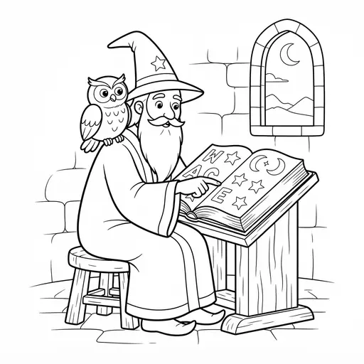 Wizard Coloring Page — Reading a Spell Book with an Owl
