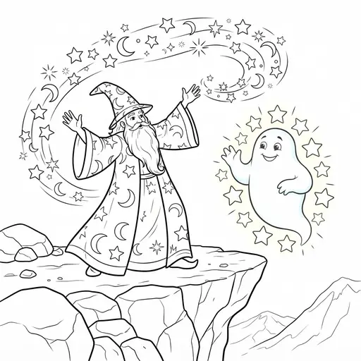Wizard Coloring Page for Adults — Casting Magic at a Spirit