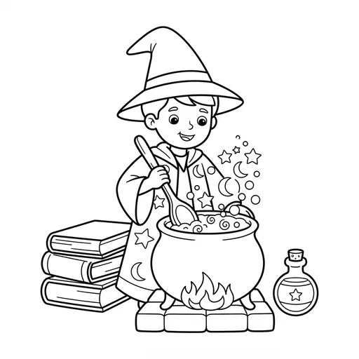 Wizard Coloring Page — Stirring a Bubbling Cauldron