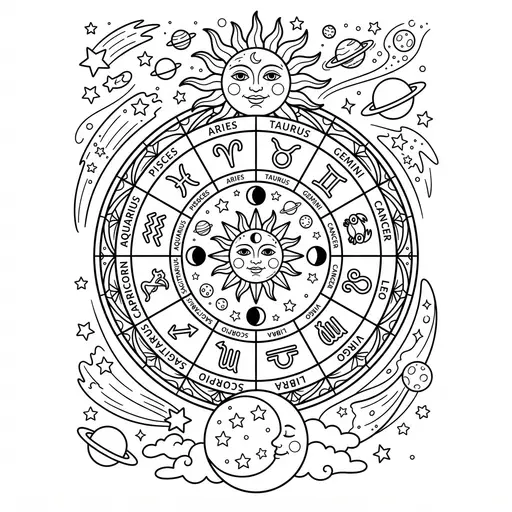 Zodiac Wheel Coloring Page for Adults — Astrological Wheel With Sun and Moon