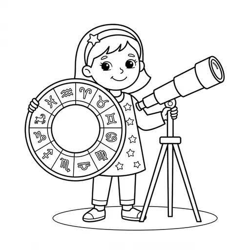 Zodiac Wheel Coloring Page — Holding a Zodiac Wheel with a Telescope
