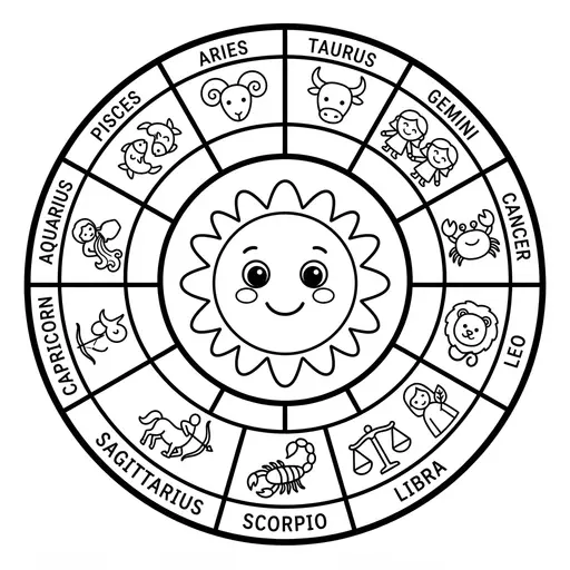 Easy Zodiac Wheel Coloring Page — with a Smiling Sun