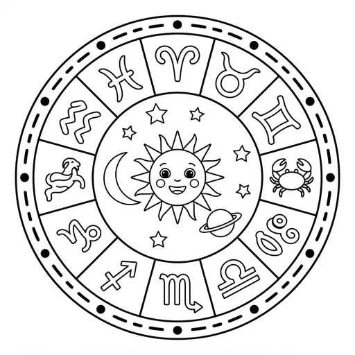 Zodiac Wheel Coloring Page — Sun Moon And Twelve Signs