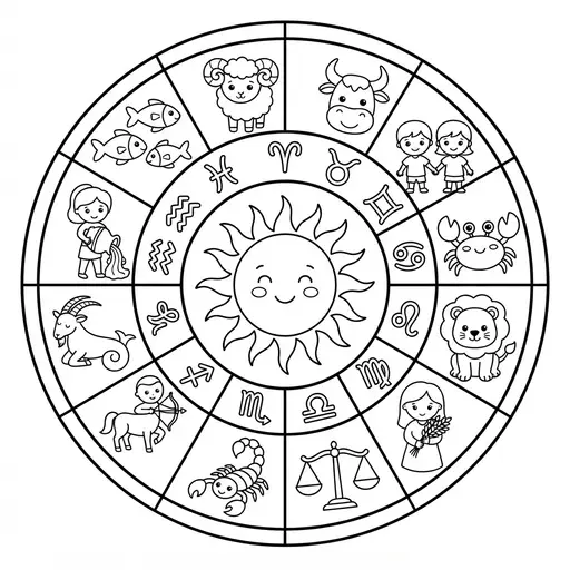 Zodiac Wheel Coloring Page — Twelve Cute Signs Around a Sun