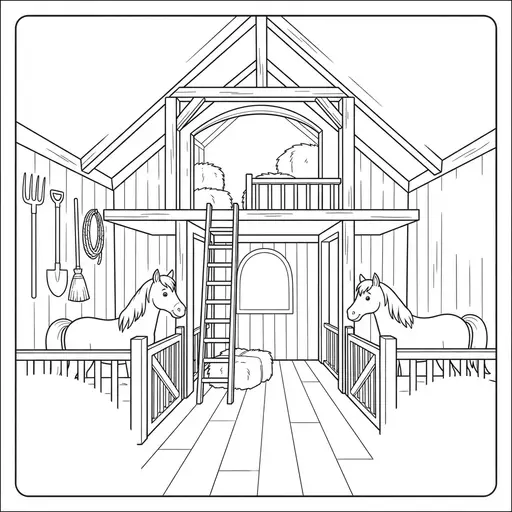 Barn Coloring Page for Adults — Interior With Horses and Hay Loft