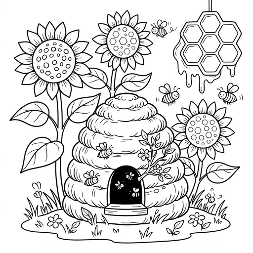 Bee Coloring Page for Adults — Surrounded by Sunflowers and Honeycomb