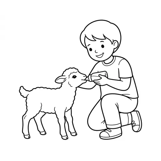 Lamb Coloring Page — Feeding a Baby Lamb with a Bottle