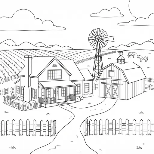 Farm Coloring Page for Adults — Country Homestead with Windmill and Barn