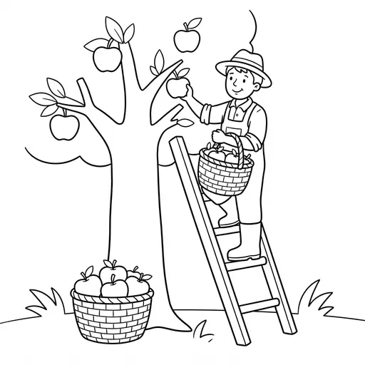 Farmer Coloring Page — Picking Apples on a Ladder