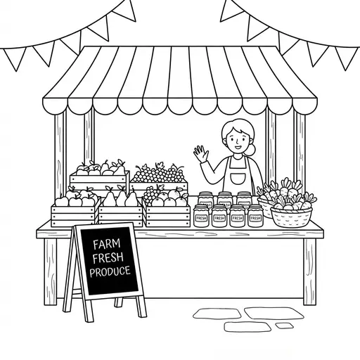 Farmers Market Coloring Page for Adults — Stall With Fruit and Jars