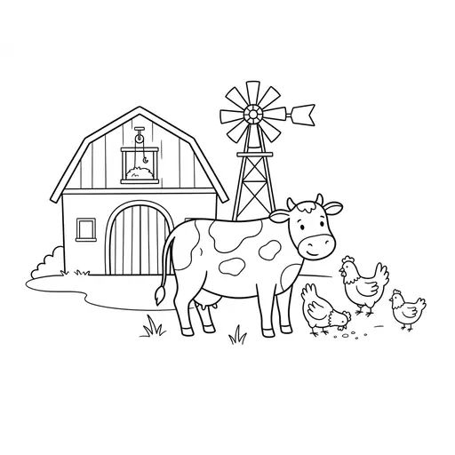 Farm Coloring Page — Barn, Windmill, Cow, and Chickens