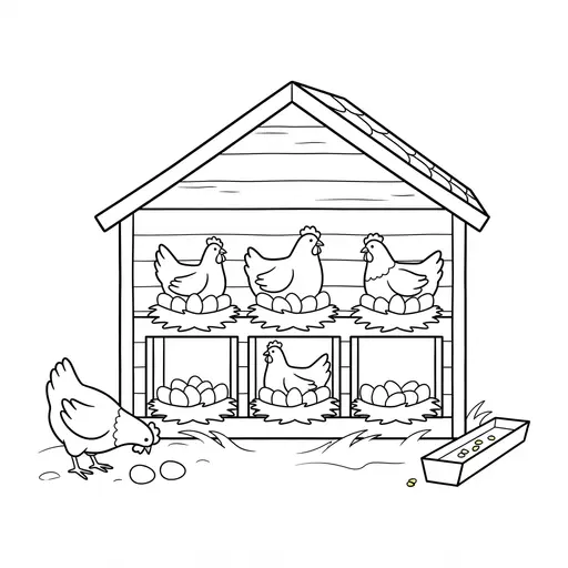 Chicken Coop Coloring Page — Hens Sitting on Nests of Eggs