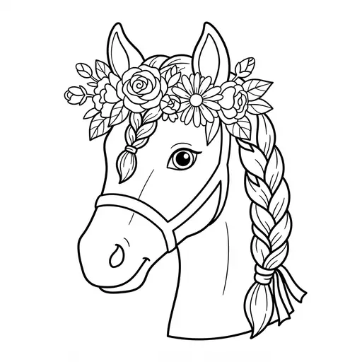 Horse Coloring Page for Adults — Braided Mane and Flower Crown