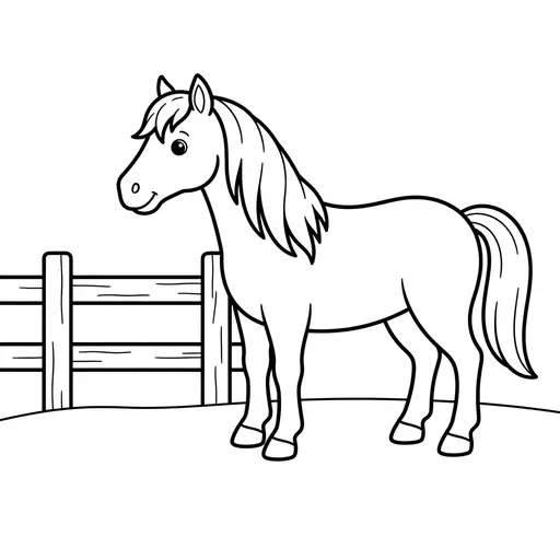 Easy Horse Coloring Page — Standing Near Wooden Fence