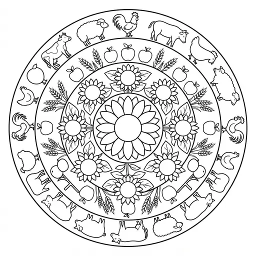 Mandala Coloring Page for Adults — Sunflowers Wheat Apples And Farm Animals