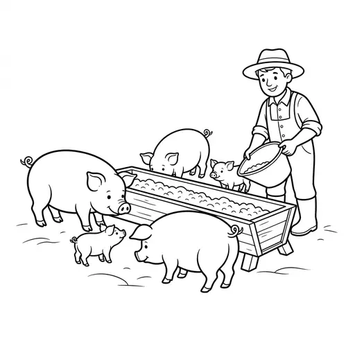 Pig Coloring Page — Feeding Pigs at the Trough