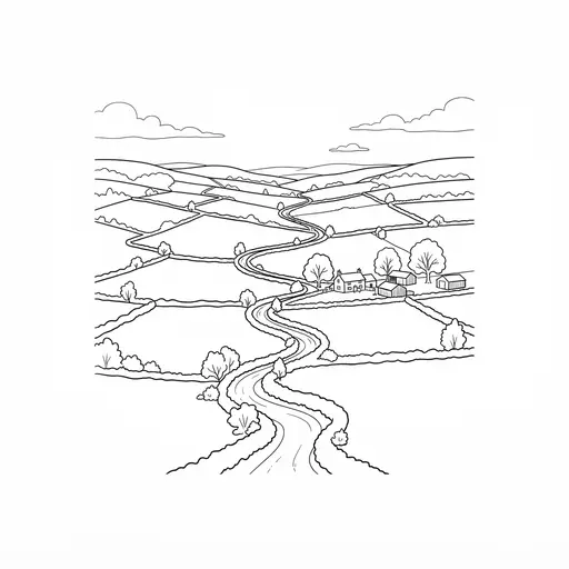 Landscape Coloring Page for Adults — Winding Road Through Farmland