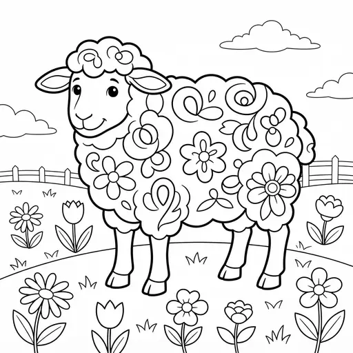 Sheep Coloring Page for Adults — Patterned Woolly Coat in a Meadow
