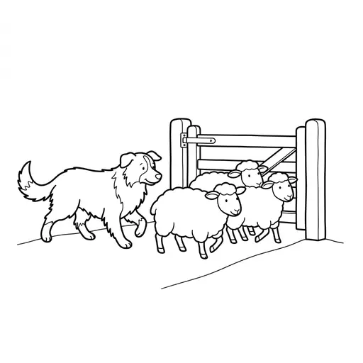 Sheepdog Coloring Page — Herding Sheep Through a Gate