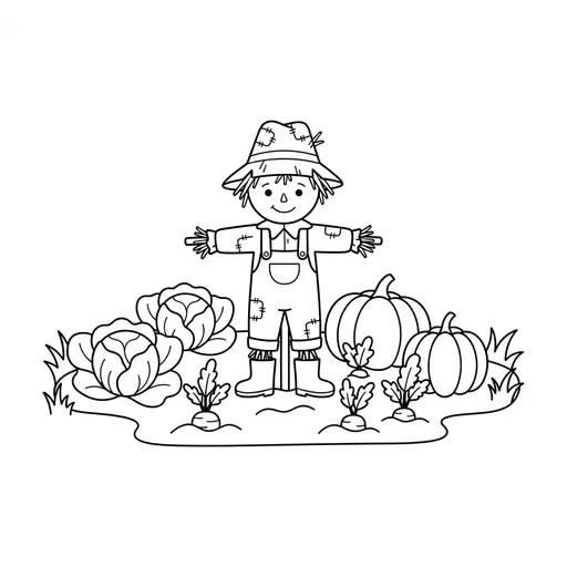 Scarecrow Coloring Page — In a Vegetable Garden
