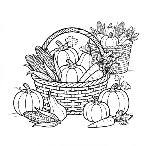 Harvest Basket Coloring Page for Adults — Filled With Pumpkins And Corn