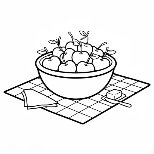 Cherry Coloring Page — In a Bowl on a Picnic Blanket