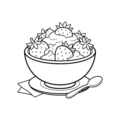 Strawberry Coloring Page — Bowl With Cream And Spoon