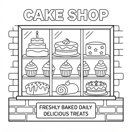 Cake Coloring Page — Window Full Of Cakes And Cupcakes