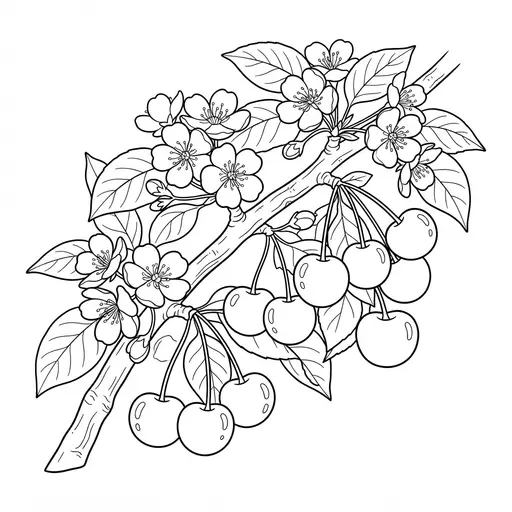 Cherry Coloring Page for Adults — Branch with Blossoms and Fruit