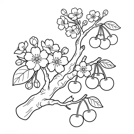 Cherry Coloring Page — Branch with Blossoms and Fruit