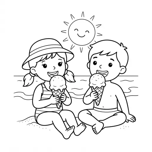 Ice Cream Coloring Page — Eating Cones at the Beach